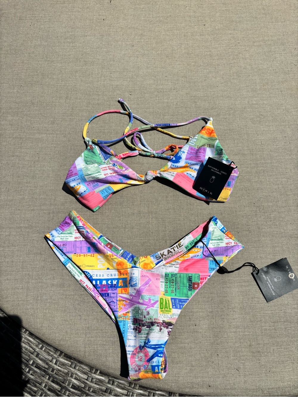 Skatie Multicolor Ticket Collage Bikini Set - Brand New